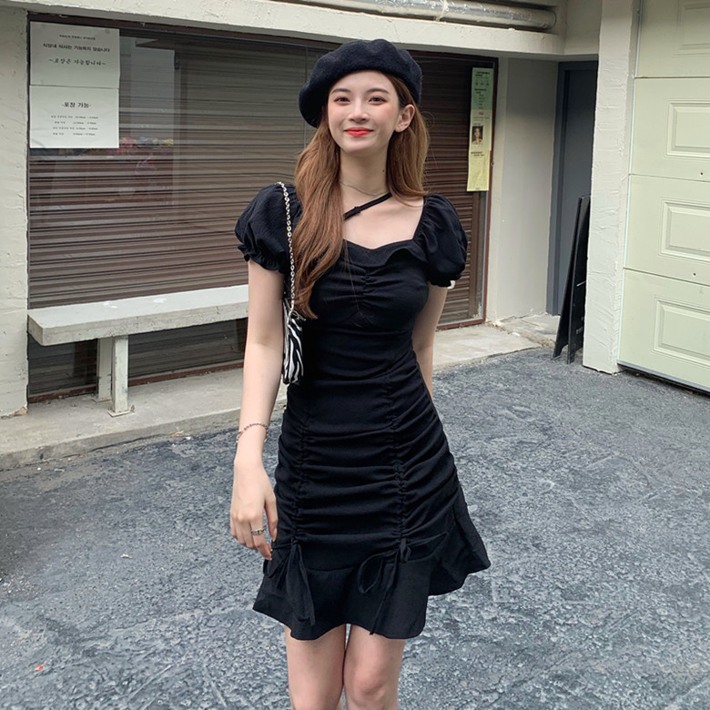 Real shot summer retro Hepburn style square collar with ruffle Ruffle Dress short sleeve slim skirt