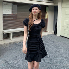 Real shot summer retro Hepburn style square collar with ruffle Ruffle Dress short sleeve slim skirt