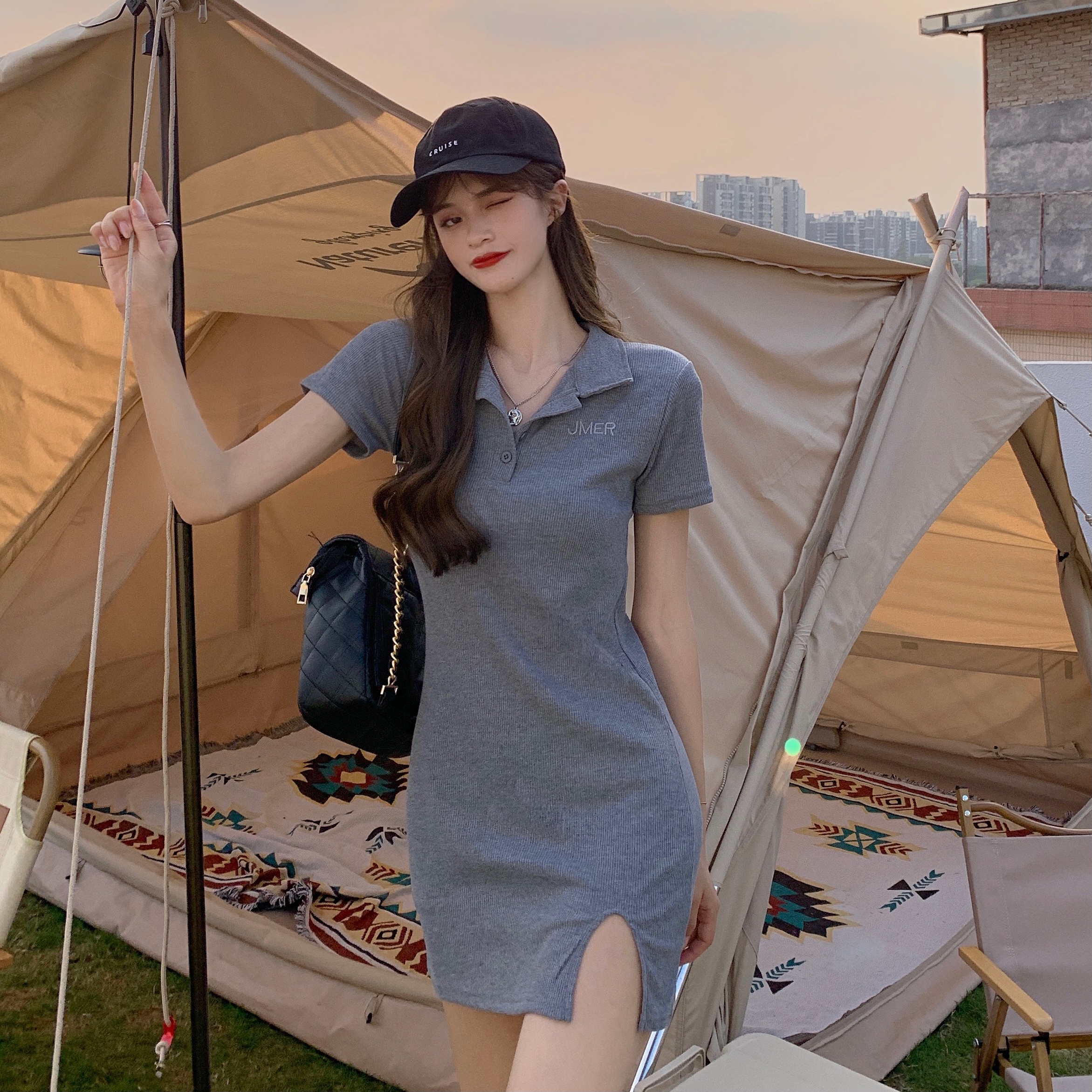 Real photo of beautiful girl's pure desire skirt children's summer polo collar, buttocks, slim and short dress