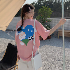 Real shot summer blue sky and white clouds three dimensional foam printing loose T-shirt round neck short sleeve Korean style top girl