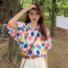 Real shot loose color balloon bubble sleeve shirt Korean summer large women's top