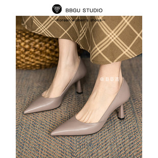 BB古牛皮女鞋2025新款春秋尖头浅口细跟职业OL高跟鞋性感单鞋