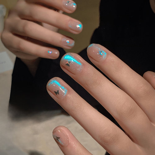 蓝色猫眼蓝眼泪2026年新款网红美甲手工穿戴甲高级感短款显白定制