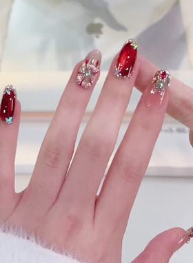 2026年新款告白烟火彩色烟花红色猫眼美甲显白穿戴甲手工定制婚甲