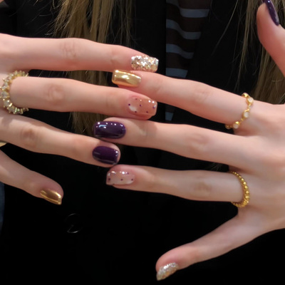 2025年新款紫醉金迷秋日小短甲美甲显白穿戴甲纯手工高级感短款