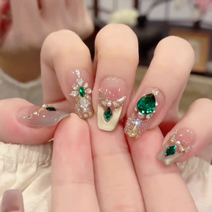 2025年新款 爆闪祖母绿翡翠美甲显白网红穿戴甲纯手工高级感中长款
