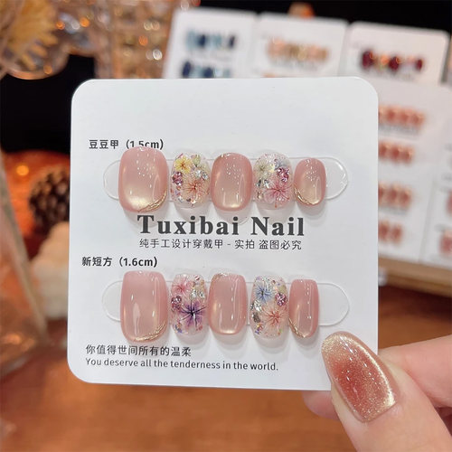 2025年新款春夏莫奈花园鸟语花香干花网红美甲显白穿戴甲手工短款