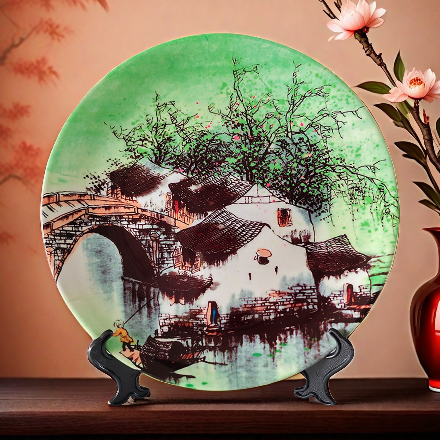 新中式国风摆盘春夏秋冬四季风景陶瓷装饰盘子中式客厅桌面摆件