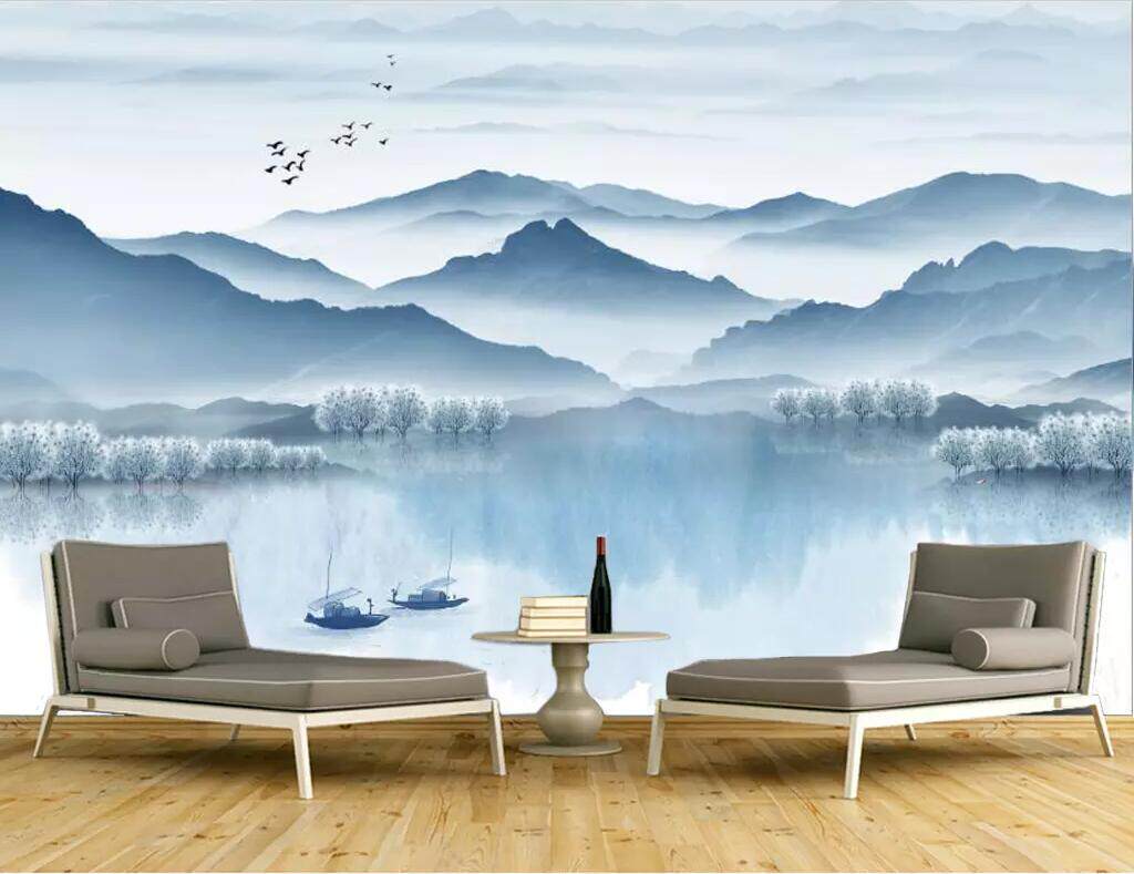 新中式青花山水风景国画电视背景定制壁画