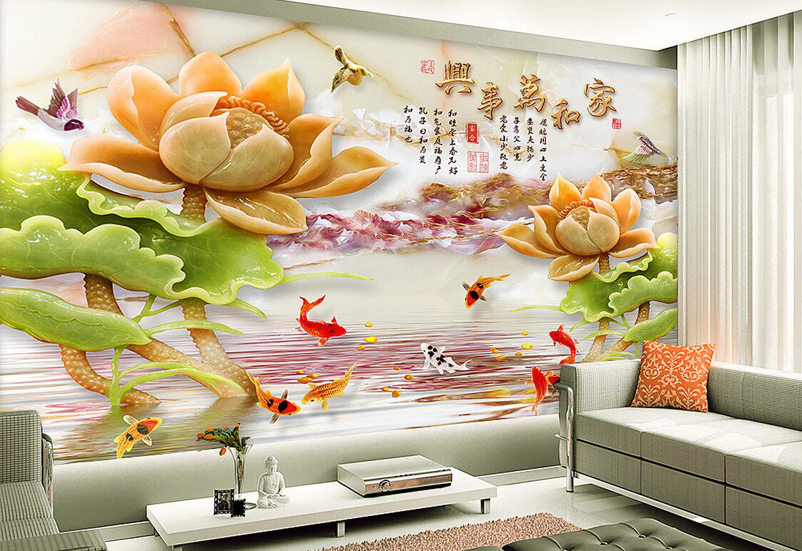 玉雕壁画家和万事兴荷花九鱼图客定制壁画