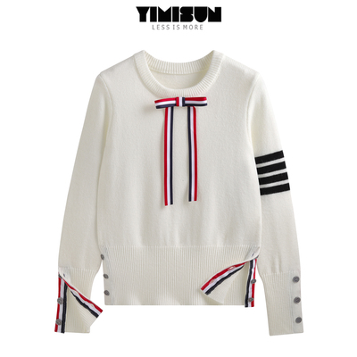 学院风蝴蝶结四杠圆领针织打底衫