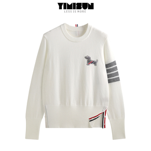 YIMISUN设计感学院风小狗刺绣圆领四条杠针织套头女宽松打底上衣