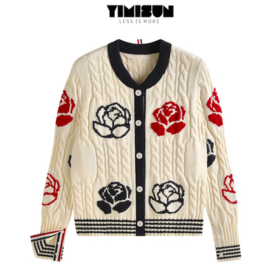 玫瑰嵌花麻花针织开衫外套