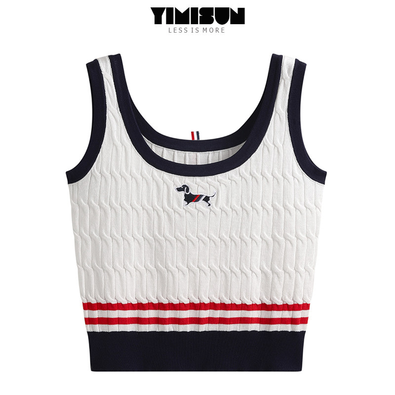 YIMISUN撞色条纹小狗刺绣麻花坑条修身针织吊带背心短款外搭上衣