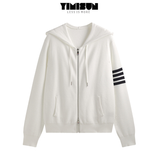YIMISUN重工秋季新款百搭宽松拉链开衫华夫格四条杠针织外套上衣