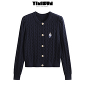 圆领麻花泡泡袖 刺绣小熊长袖 针织开衫 韩版 女秋季 新款 毛衣短款 外套