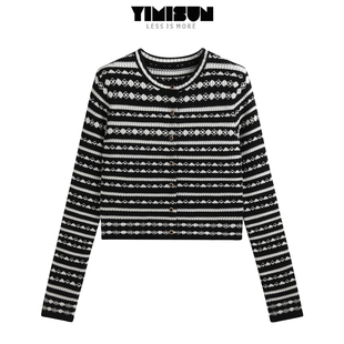 毛衣修身 女圆领长袖 显瘦短外套 淑女撞色条纹针织开衫 YIMISUN法式