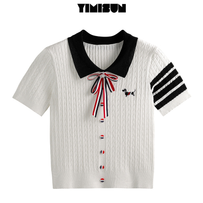 蝴蝶结小狗刺绣翻领短袖T恤女