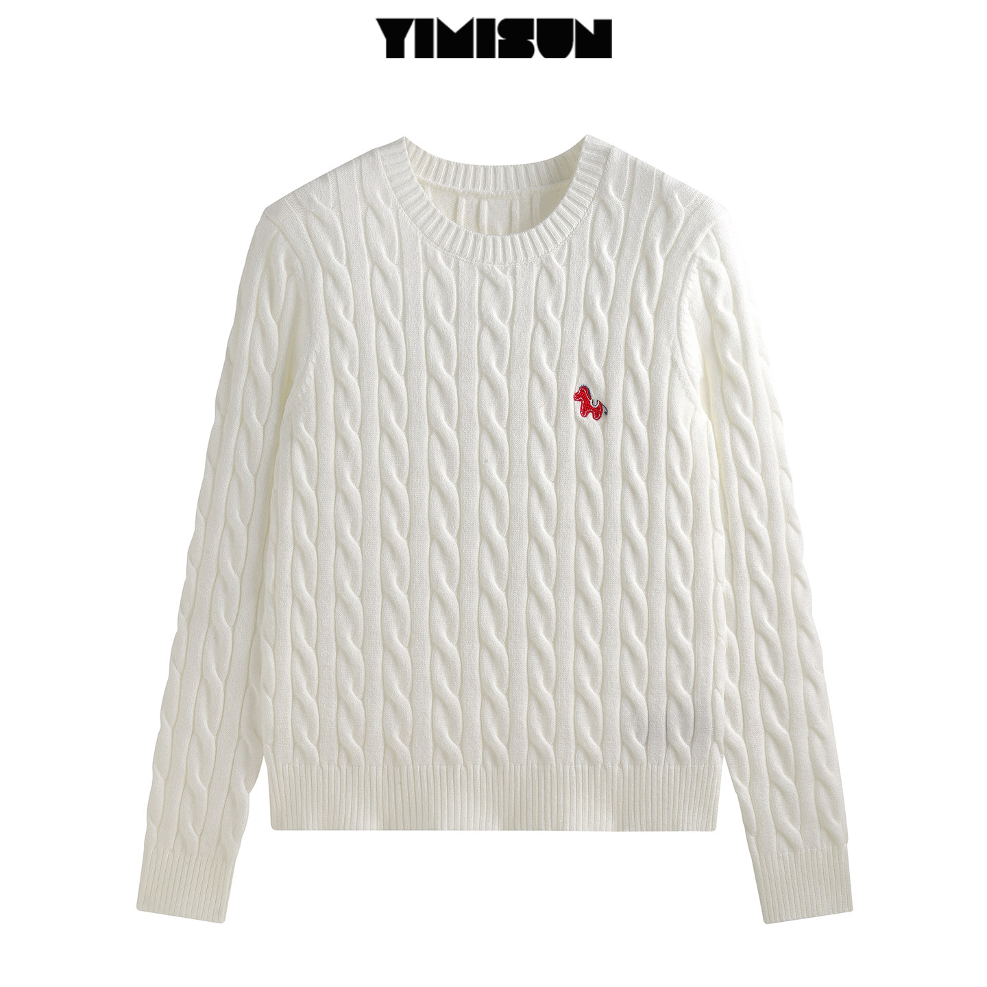 YIMISUN马年学院风马儿刺绣白色麻花圆领慵懒针织衫女长袖打底衫