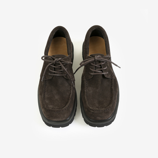 美拉德复古牛反绒皮方头德比鞋男2026老钱风轻便休闲袋鼠帆船皮鞋