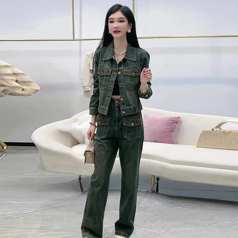 高端贵夫人秋季时髦牛仔阔腿裤