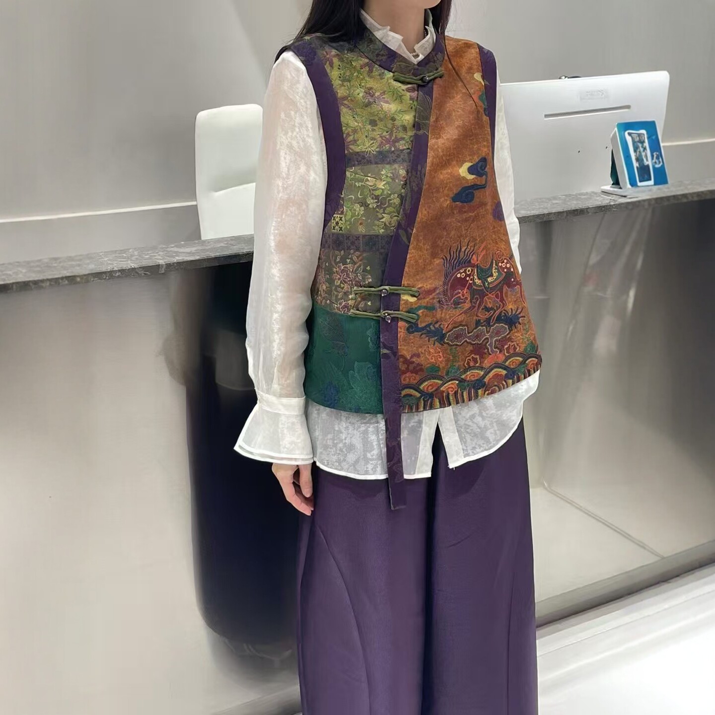 汉派精品商场同款新中式立领提花马甲女单排扣国风百搭气质马夹潮