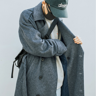 毛呢大衣男士 灰色长款 任选3件 秋冬宽松百搭外套潮 349元