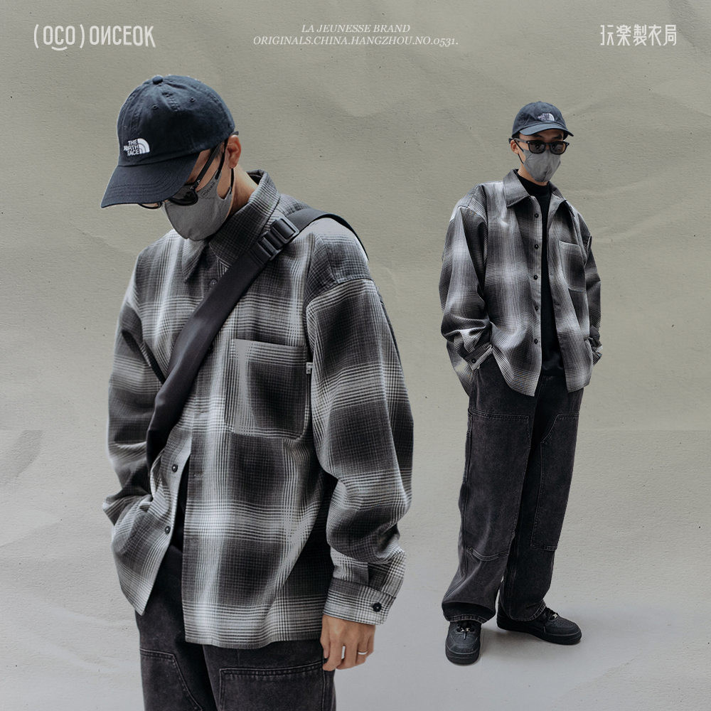 玩樂局Onceok休闲长袖格子衬衫