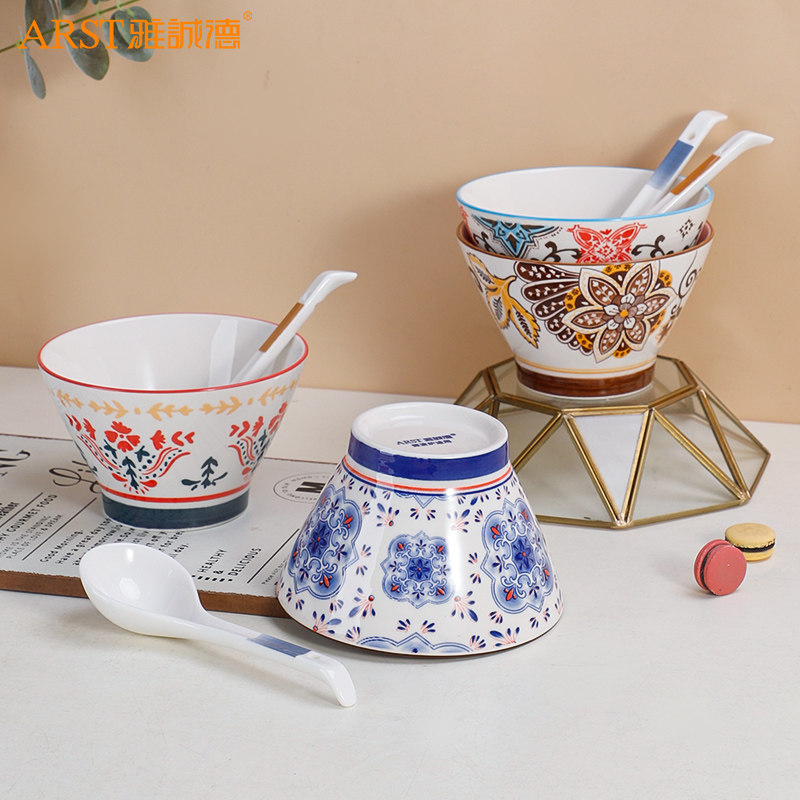 日式陶瓷酸奶甜品碗米饭碗斗笠碗釉下彩餐具家用高脚防烫沙拉碗