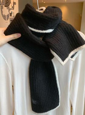 轻奢款黑色软糯羊毛混纺针织围巾女冬季韩版百搭情侣加厚保暖围脖