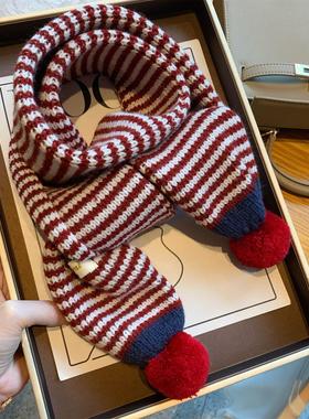ins韩系复古条纹可爱球球针织围巾男女儿童冬季百搭保暖毛线围脖