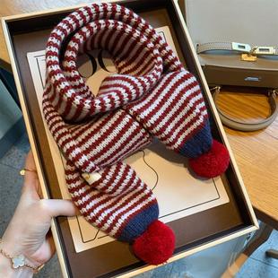 ins韩系复古条纹可爱球球针织围巾男女儿童冬季百搭保暖毛线围脖