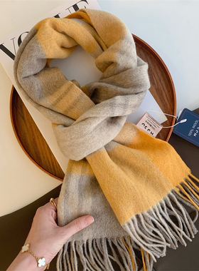 姜黄色格子WOOL100%纯羊毛围巾女秋冬季时尚羊绒围巾披肩保暖围脖