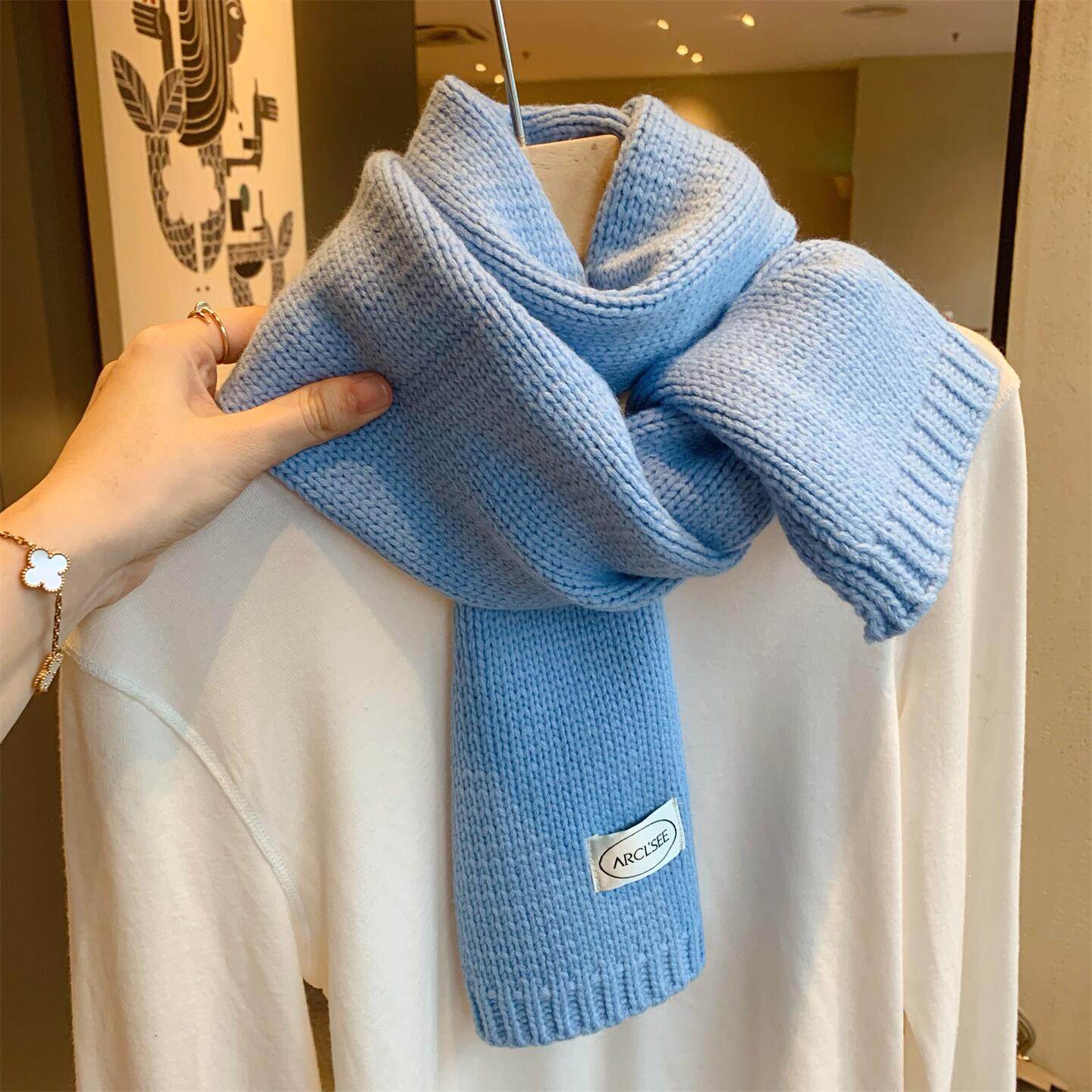 韩国款蓝色系时尚含羊毛针织围巾女冬季百搭学生加厚保暖毛线围脖