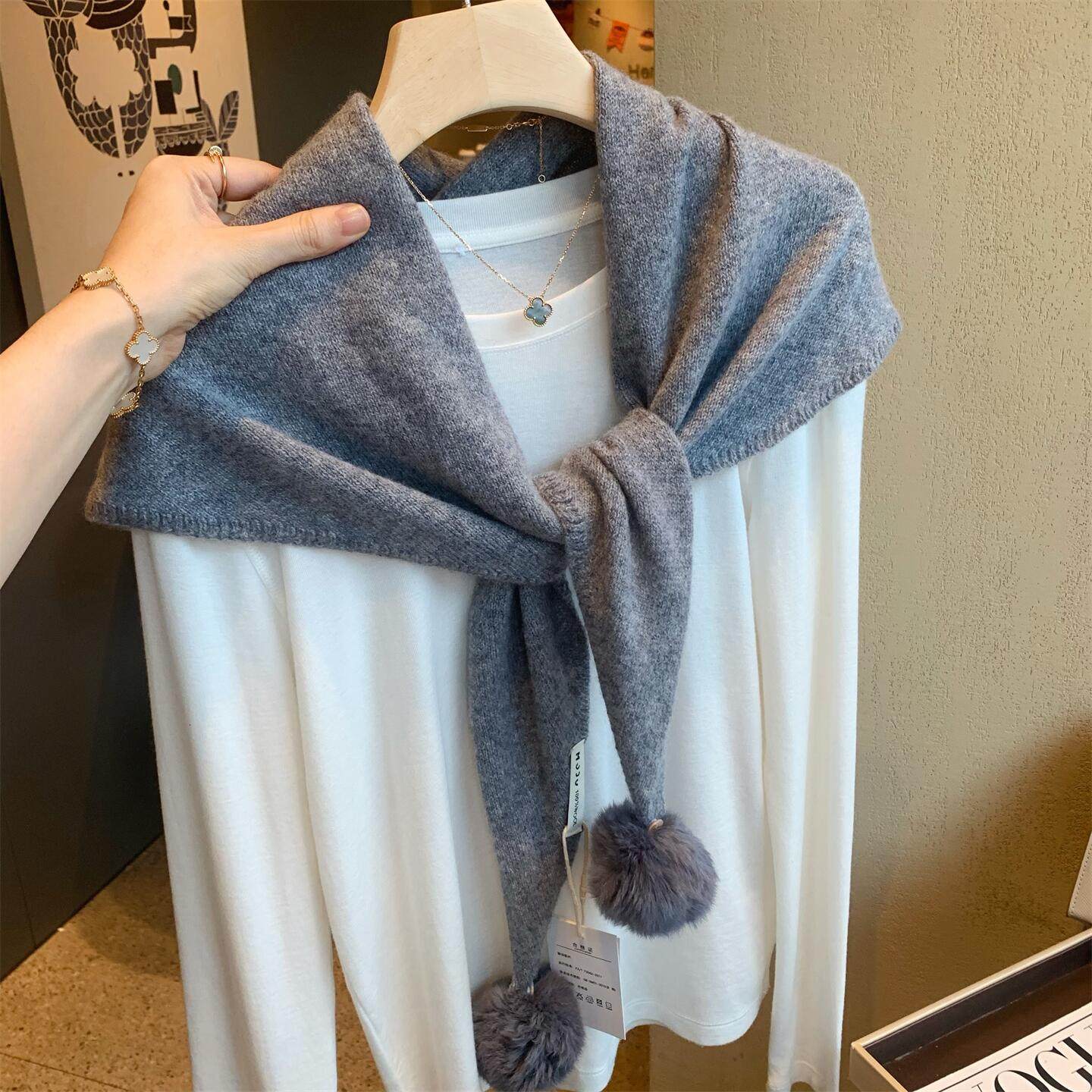 高级感灰色100%澳洲羊毛三角巾围巾女春秋季韩版百搭保暖披肩围脖