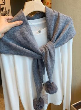 高级感灰色100%澳洲羊毛三角巾围巾女秋冬季韩版百搭保暖披肩围脖