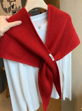 秋冬季新款红色针织交叉外搭披肩围巾女韩版百搭保暖三角巾围脖潮