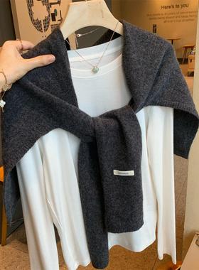 加宽加厚100%澳洲纯羊毛针织外搭披肩女秋冬季韩版百搭保暖灰围巾