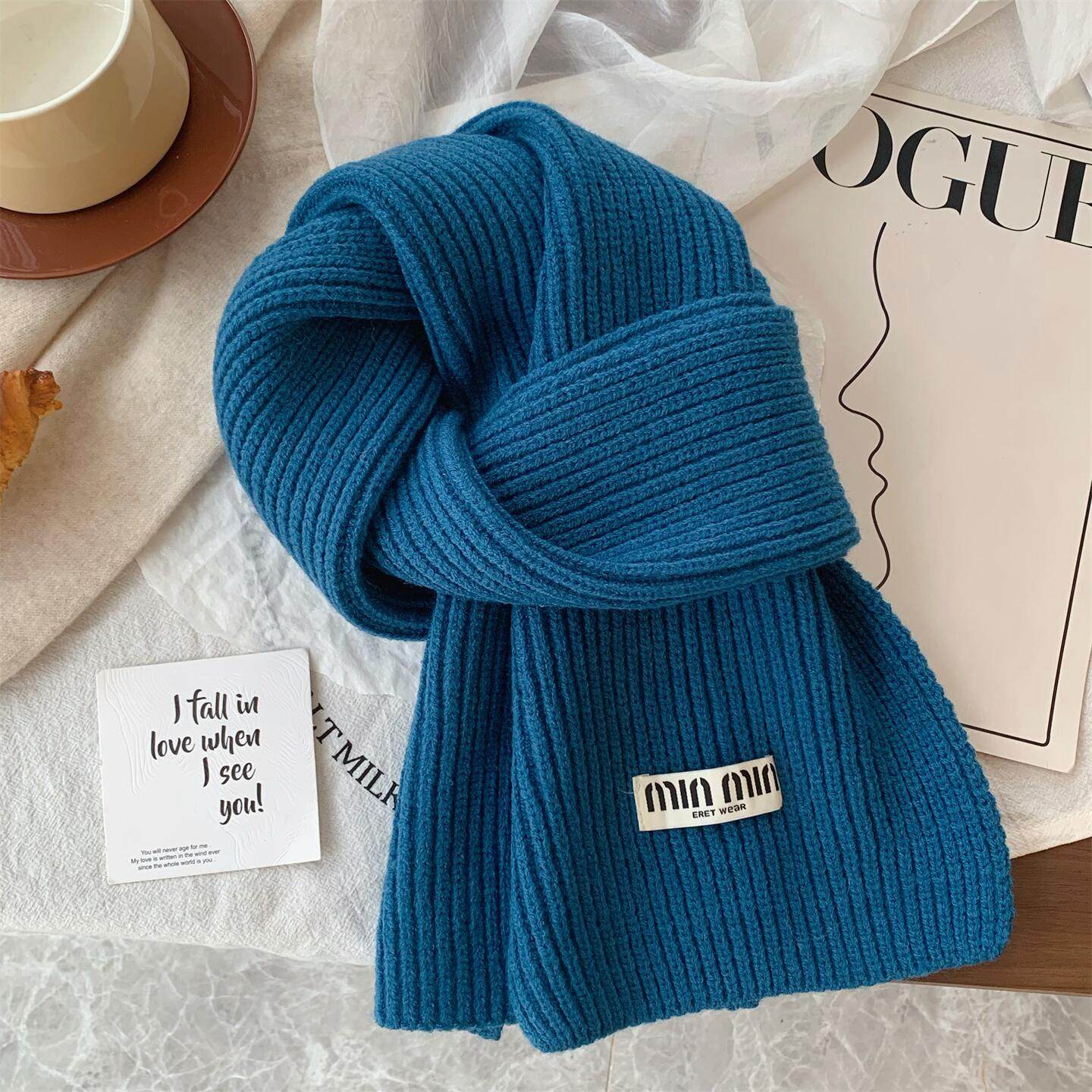 韩国款贴标湖蓝色针织围巾女冬季纯色百搭学生情侣保暖毛线围脖男,服饰配件/皮带/帽子/围巾,围巾/丝巾/披肩,淘宝优惠券,粉丝福利购,淘宝优惠卷