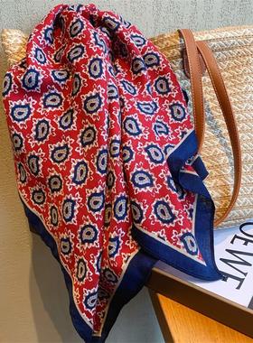 韩国款红色腰果花小丝巾女春秋季洋气百搭小方巾装饰披肩领巾围巾