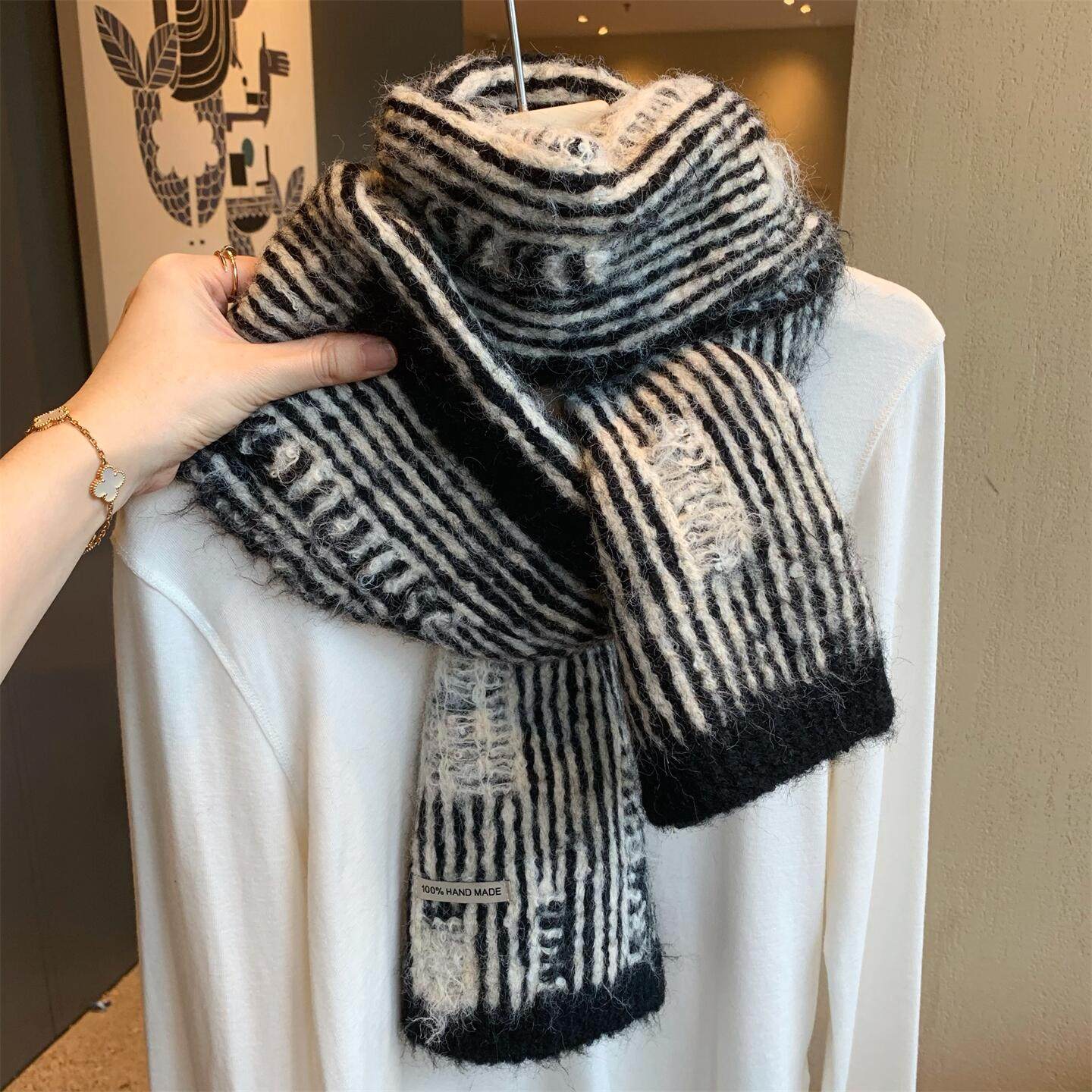 韩国原单~手工做旧含羊毛针织围巾女冬季百搭学生情侣保暖围脖男