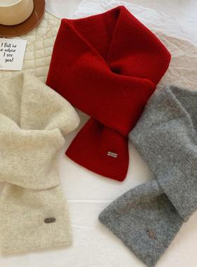 韩版红色交叉羊毛混纺针织小围巾女秋冬季纯色百搭保暖毛线围脖潮