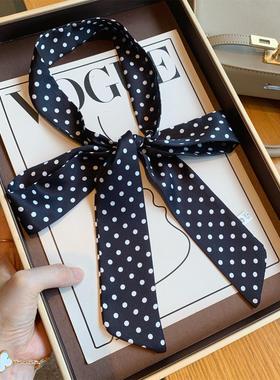 韩系黑色波点长条小丝巾女春秋夏季百搭装饰小领巾绑包包飘带发带