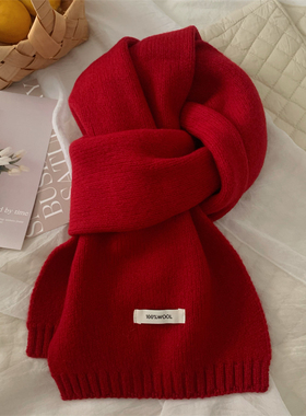 100%纯羊毛~安可拉红色围巾冬季韩版百搭男学生情侣保暖针织围脖