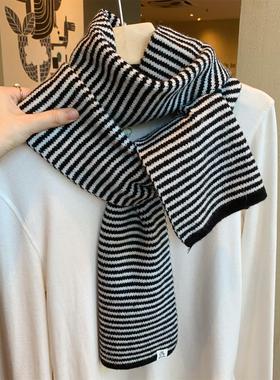 2025冬季新款黑色细条纹软糯针织围巾女百搭学生情侣保暖毛线围脖