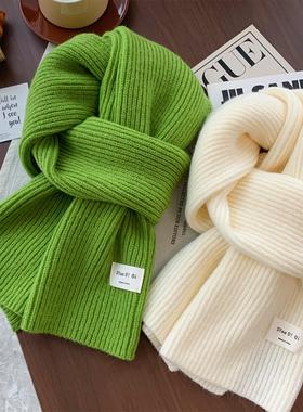 韩国款果绿色软糯百搭针织围巾女冬季纯色加厚保暖学生毛线围脖潮