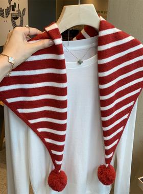 秋冬季新款红色条纹球球针织披肩小围巾女韩版百搭保暖三角巾围脖