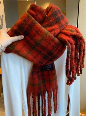 出口韩国~红色复古格子仿羊绒围巾女秋冬季百搭加厚保暖披肩围脖