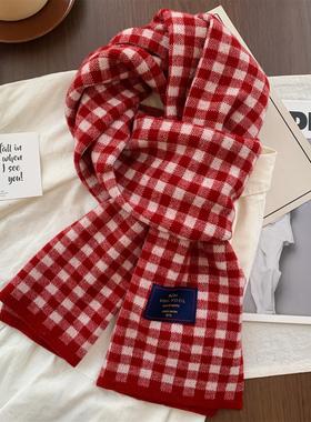 澳洲精品~红色格子100%羊毛围巾女冬季韩版百搭学生情侣保暖围脖