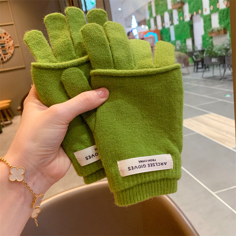 高级感绿色针织毛线手套女冬季韩版百搭两用纯色保暖触屏学生骑行